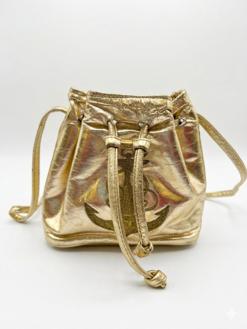 VTG LJ Simone New York Metallic Gold Mini Bucket Bag Nautical Anchor